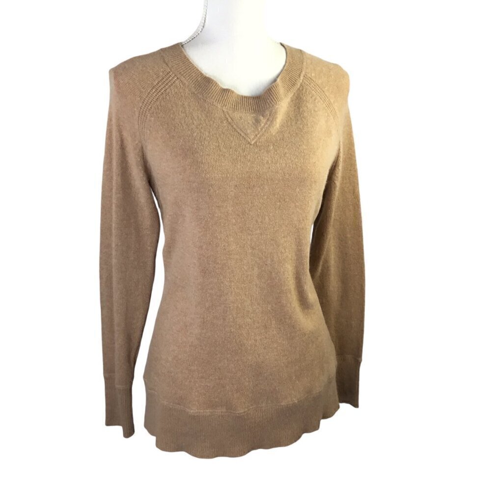 Vertical Design Cashmere Wool Blend Sweater Long Sleeve Beige Size M Elbow Patch - Picture 8 of 8